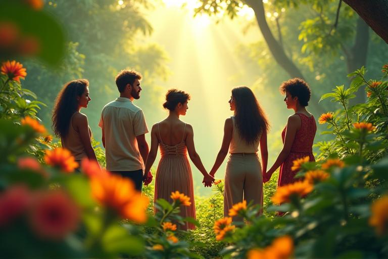 熱帯雨林の中で手を取り合う、地球環境保護と文化交流を象徴する多国籍の人々