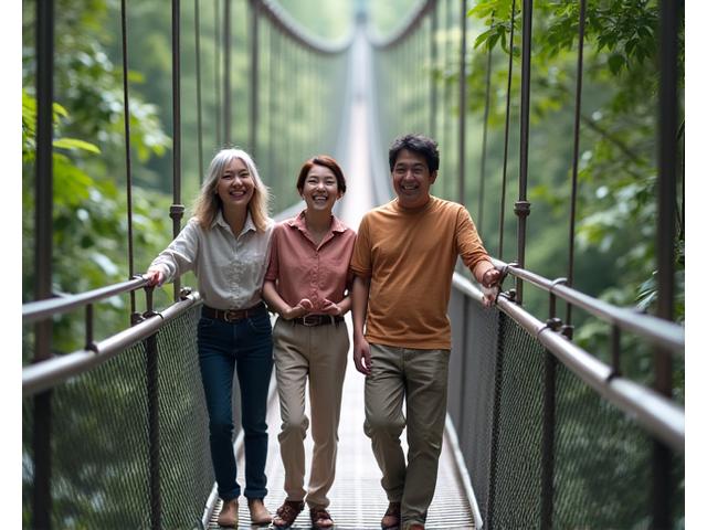 老若男女の家族がキャノピーウォークを笑顔で楽しんでいる様子。