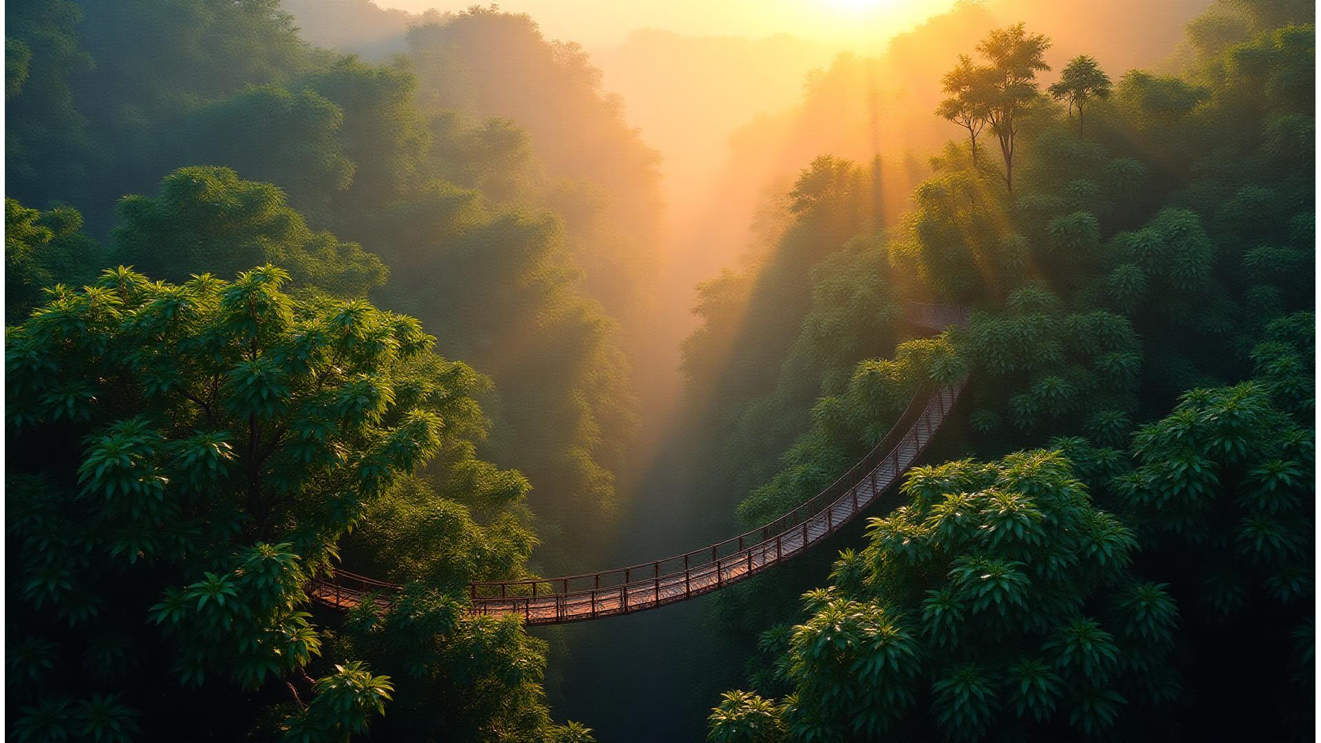 熱帯雨林のキャノピーをドローンで捉えた壮大な空中パノラマビュー。太陽光が緑豊かな森に差し込み、目の前に広がる吊り橋が見える。