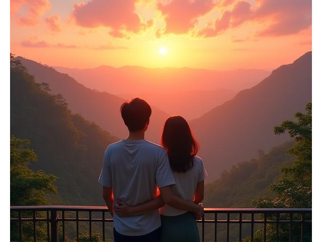 キャノピーウォークから壮大な熱帯雨林の風景を背景にカップルが記念撮影をしている。