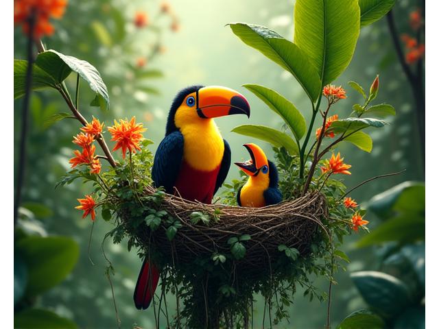 キャノピー層に存在する色鮮やかな熱帯鳥類の巣、親鳥がひな鳥に餌を与えている瞬間。