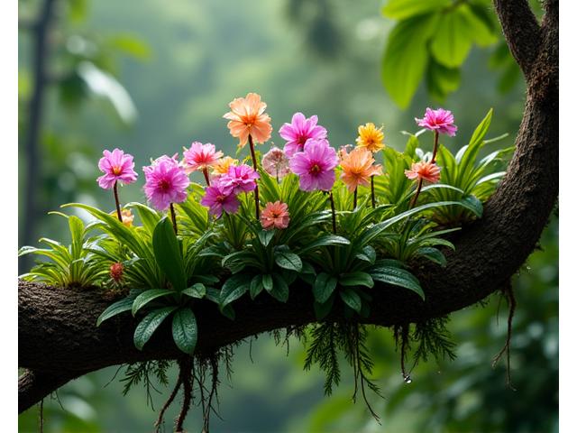 熱帯雨林のキャノピー層に生息する、複雑に絡み合った着生植物のクローズアップ。
