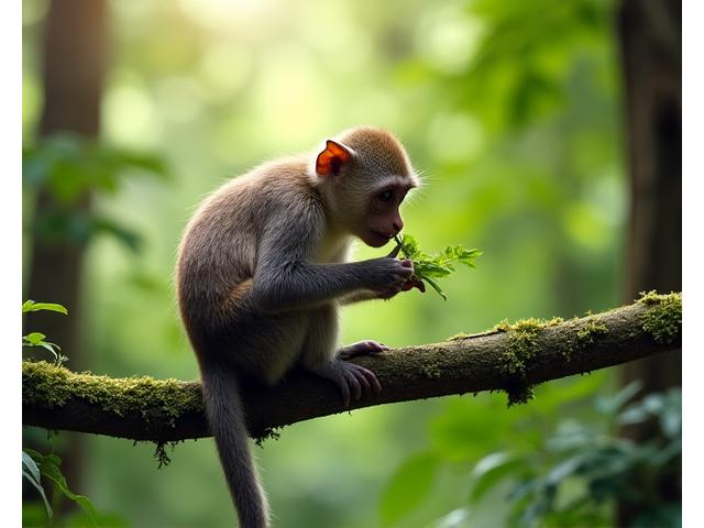 キャノピーウォークの高さで木の枝にいる樹上性動物、猿が葉を食べている。