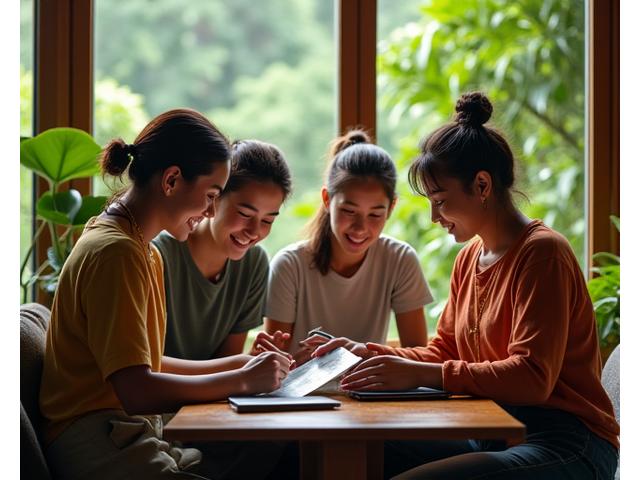 熱帯雨林のロッジで笑顔で相談する旅行者たち。専門スタッフが親身に対応している様子。背景には豊かな緑が広がる。