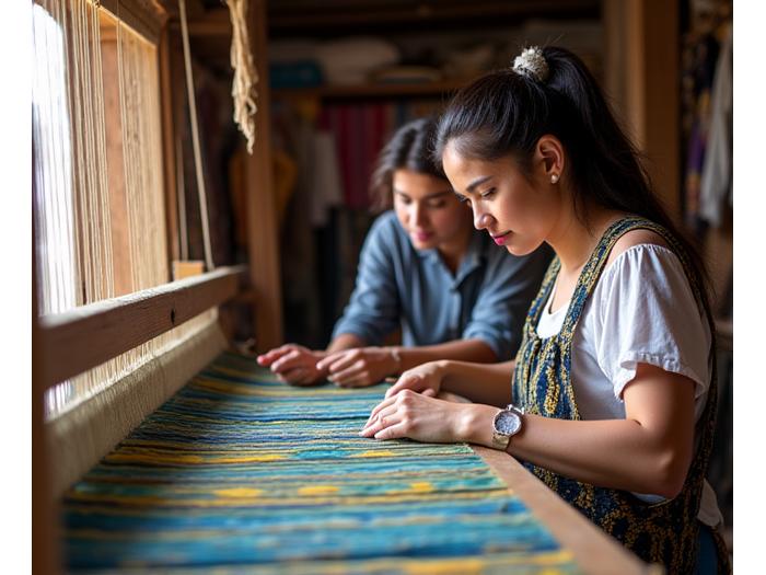 伝統的な織機で色鮮やかな布を織る女性と見学する旅行者