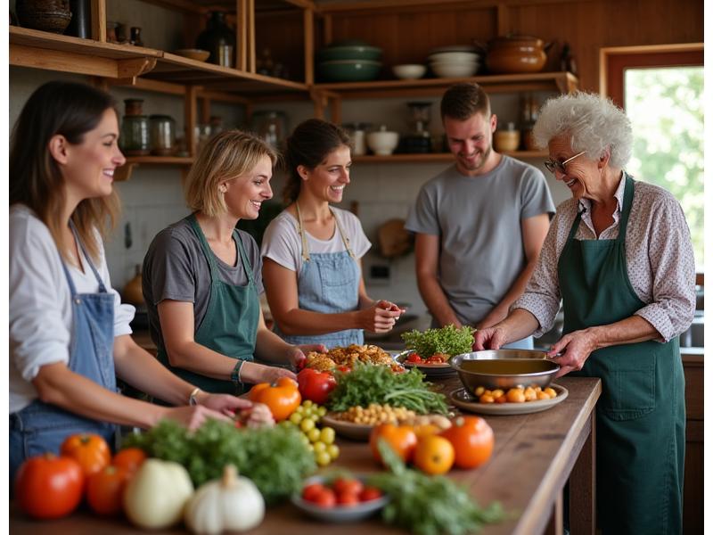 地元の家庭で笑顔で料理を教わる旅行者たち