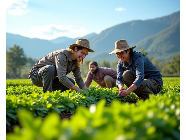 農作業を手伝う旅行者と農家の人々