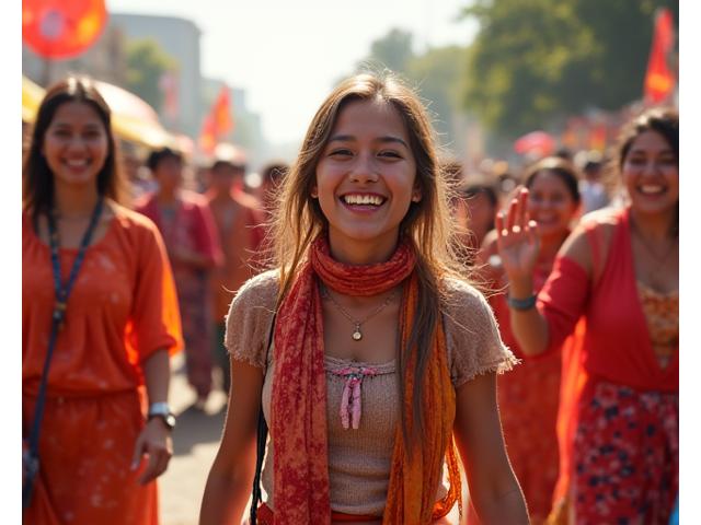 地元の祭りに参加し、伝統衣装を身につけて楽しむ旅行者