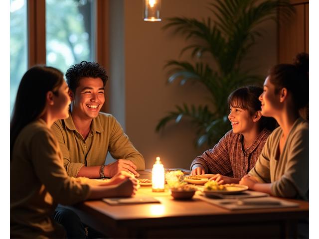 地元の家庭で食事を共にする旅行者とホストファミリー