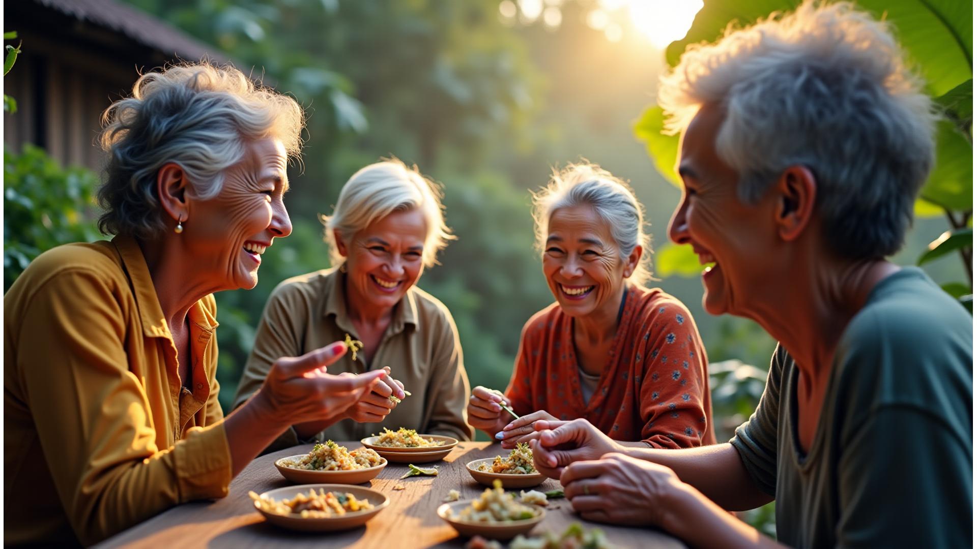 地元の家族と笑顔で交流する旅行者、伝統的な村の風景