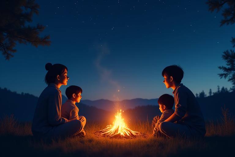 キャンプファイヤーを囲む家族のシルエット