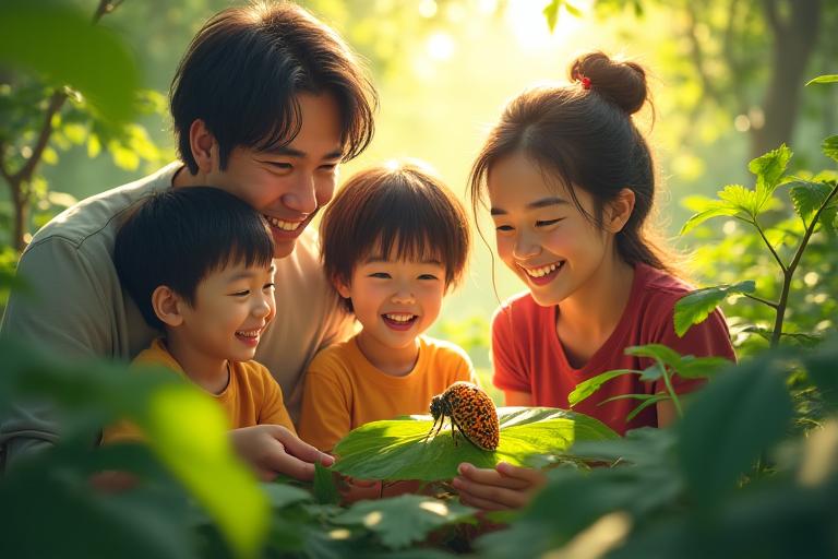 熱帯雨林で自然観察する親子の笑顔