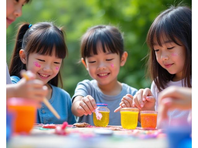 子どもたちがリサイクル素材でアート作品を作る様子