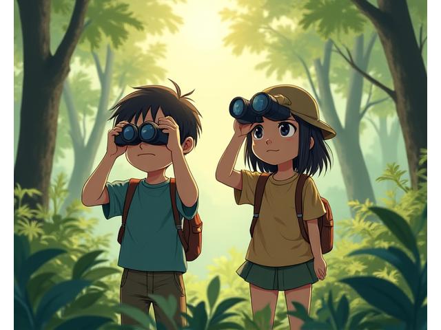 望遠鏡で鳥を観察する子どもたち