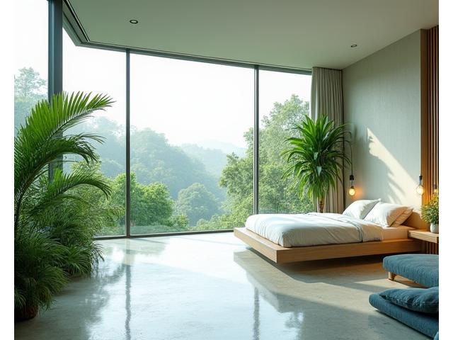 モダンスタイルのエコスイートの広々とした室内、大きな窓から自然光が差し込む