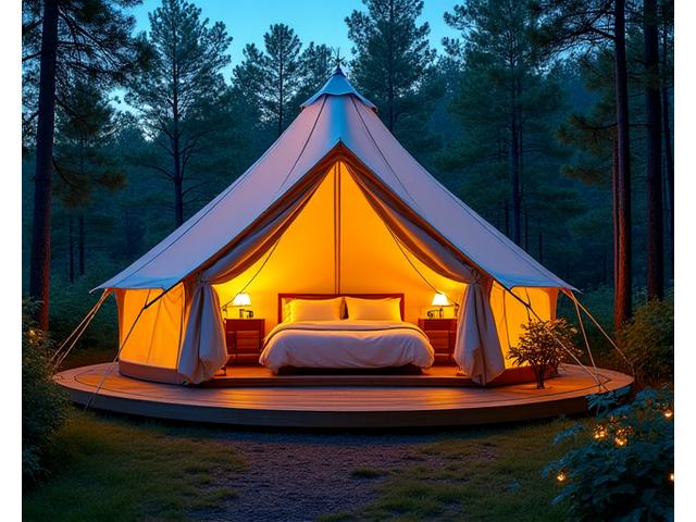 森の中に設置された豪華なグランピングテント、快適な内装とプライベートデッキ