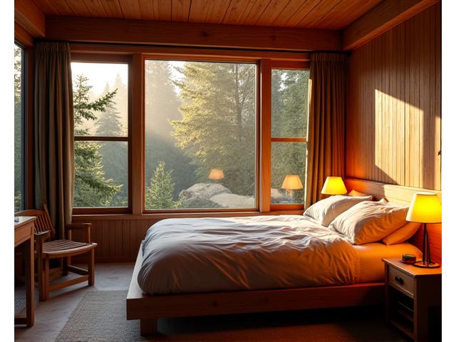 伝統的な竹と木で造られたロッジの内部、温かみのある照明