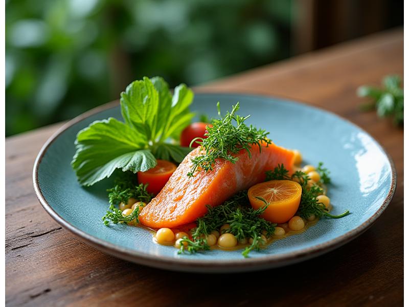 地元の新鮮な有機野菜と魚介類を使った、美しく盛り付けられたオーガニック料理