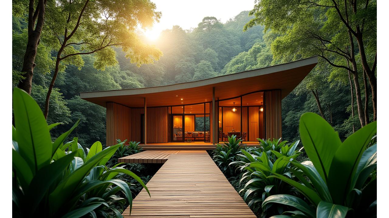 竹と現地木材で建てられた美しいエコロッジの全景、自然景観に溶け込む