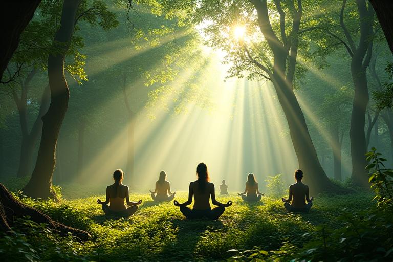緑豊かな森林の中で行われるヨガセッション、参加者が穏やかに瞑想