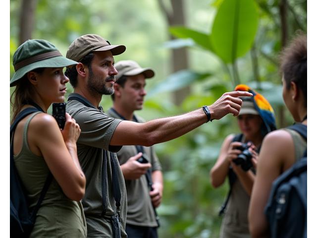 熱帯雨林で鳥の写真を撮るプロカメラマン