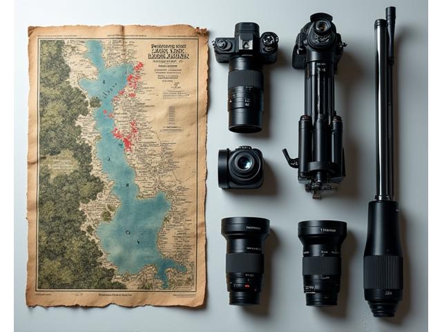 プロ仕様のカメラとさまざまな交換レンズ、三脚などが並べられた状態。隣には撮影ロケーションの地図が広げられている。