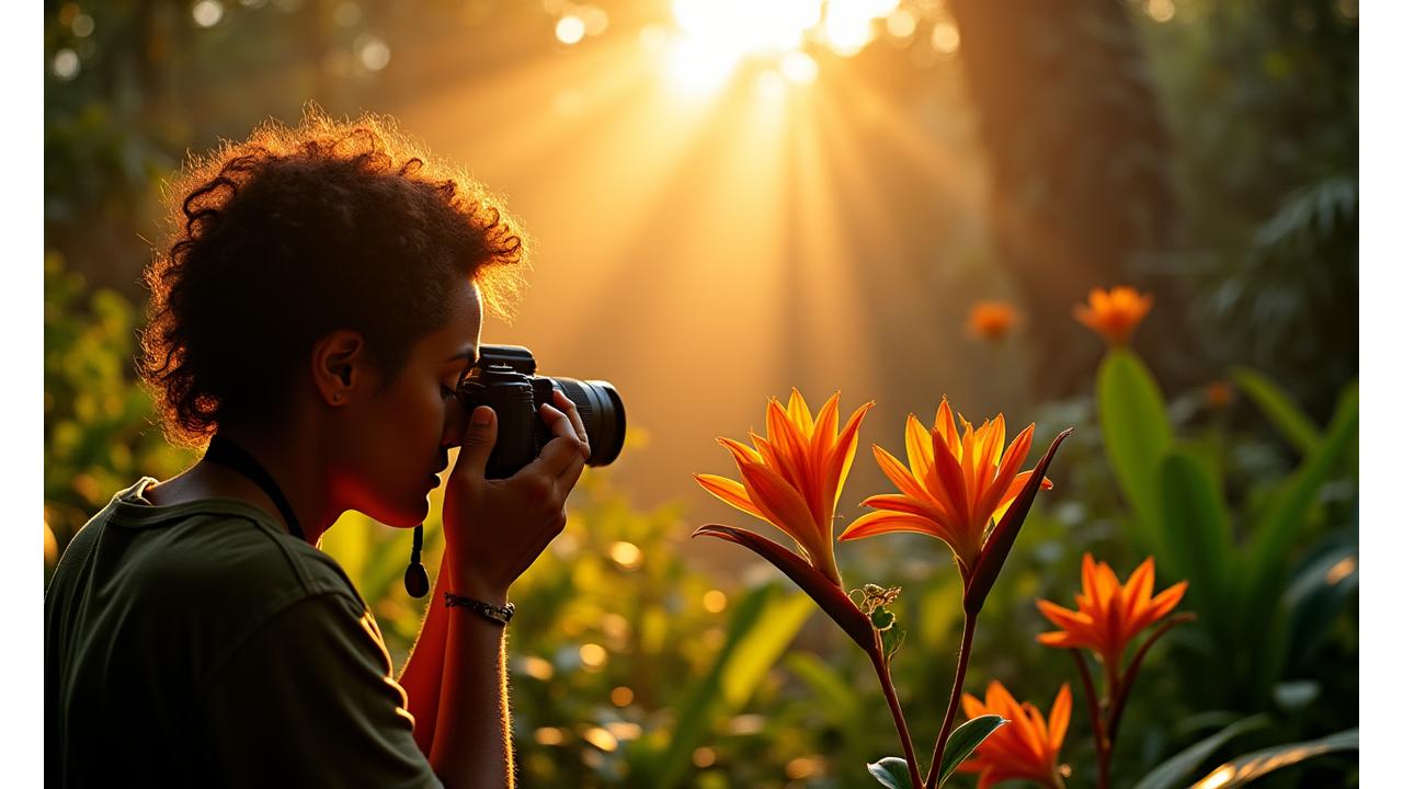 マクロレンズで花を撮影する参加者と、手前には美しいゴールデンアワーの風景が広がる