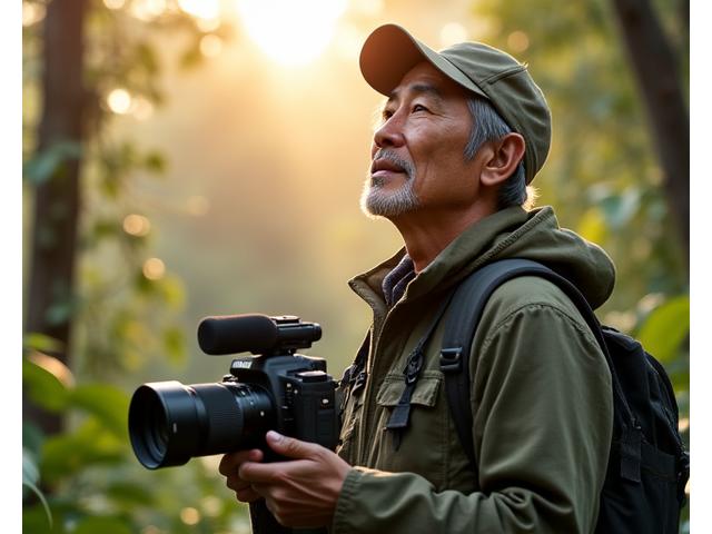 熱帯雨林の奥地でカメラを構える、国際的に著名な自然写真家。夕暮れ時の光が顔を照らし、穏やかな表情をしている。