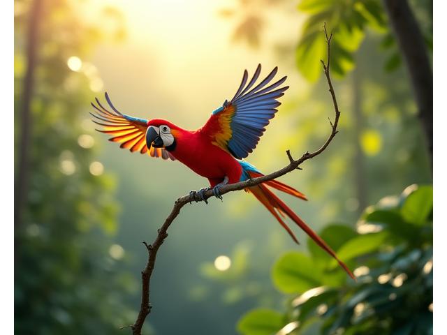 田中健一氏の代表作品:霧に包まれた熱帯雨林の中で、日の光が差し込み、色鮮やかな珍しい鳥が飛び立つ瞬間を捉えた一枚。