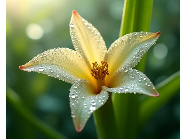 田中健一氏の代表作品:咲き誇る蘭の花に、夜露が繊細に輝くマクロショット。花びらの微細な質感まで鮮明に表現されている。