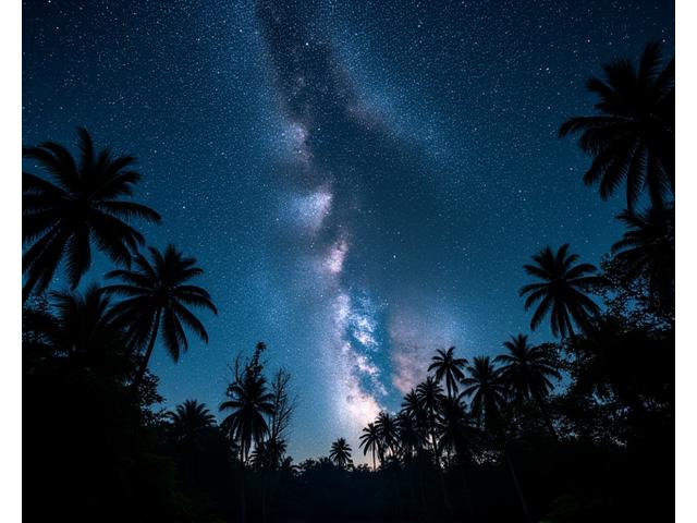 田中健一氏の代表作品:夜空に輝く満点の星の下、熱帯雨林のシルエットが荘厳に佇む長時間露光作品。