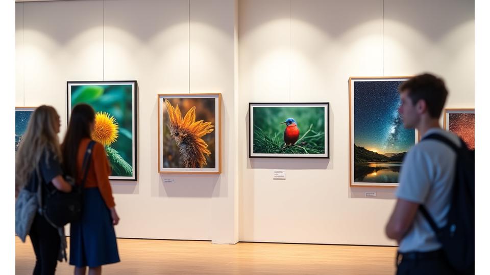 過去のワークショップ参加者の作品が美しく展示されているギャラリー。多様な自然の写真が壁に並び、来場者が見入っている。