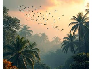 秋の熱帯雨林、一部の樹木が紅葉し、カラフルなコントラストが美しい。渡り鳥の壮大な群れが空を横切る。