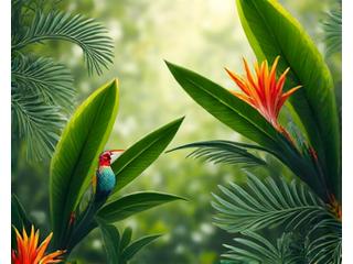 春の熱帯雨林、新緑の木々と咲き始めた野生の花々、そして樹間でさえずるカラフルな野鳥が写っている。