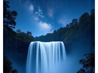 夏の熱帯雨林、勢いよく流れ落ちる滝、そして夜空に輝く満点の星が幻想的に写っている。