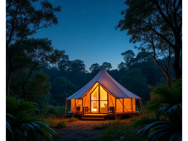 上級者コース参加者が、熱帯雨林の奥深くでキャンプの準備をしている。夜空には満天の星が広がる。