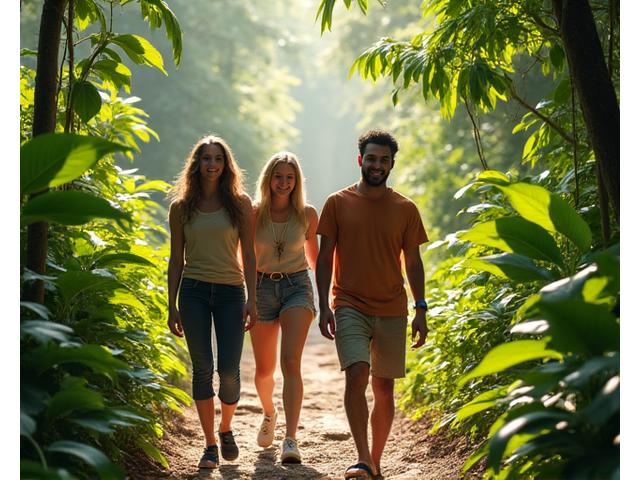 緑豊かな熱帯雨林の中を笑顔で散策する初心者グループ。手入れされた小道と、太陽の光が差し込む美しい森。