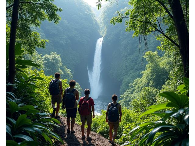 中級者向けトレッキングコースを歩くグループ。熱帯雨林の深い場所で、遠くに見える滝。ガイドが何かを指差している。