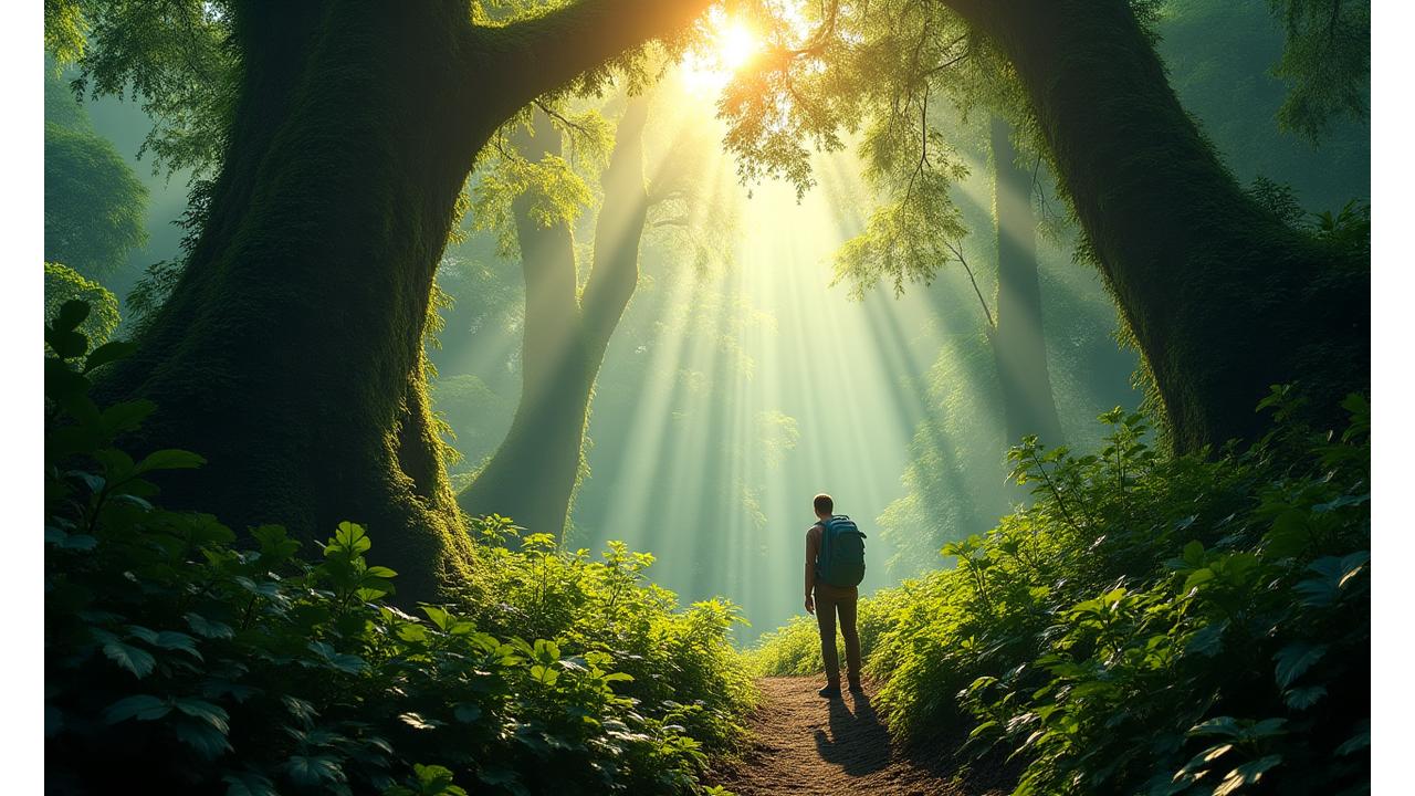 地球の肺と呼ばれる熱帯雨林の奥深く、苔むした巨木の間から差し込む光景。探検家が豊かな緑の中を進む。