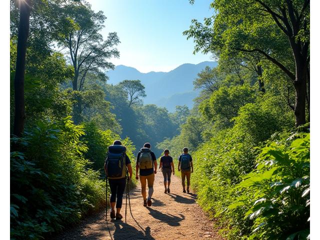 輝く太陽の下、はっきりと見える小道を歩く人々の描写。澄み切った青空と乾いた熱帯雨林の風景。