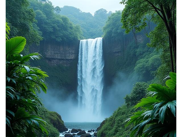 激しい雨が降る熱帯雨林。葉には水滴が光り、豊かな緑が際立つ。ダイナミックな滝が流れ落ちている。