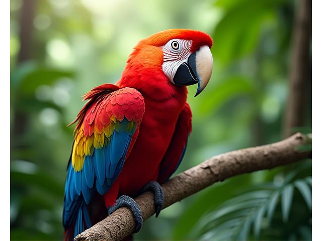 鮮やかな赤と青の羽を持つコンゴウインコが熱帯雨林の木にとまっている。