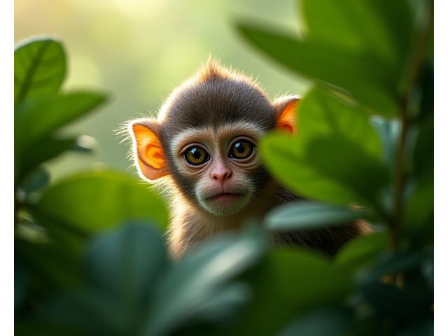 熱帯雨林の茂みから顔を出す好奇心旺盛な小さなサル。