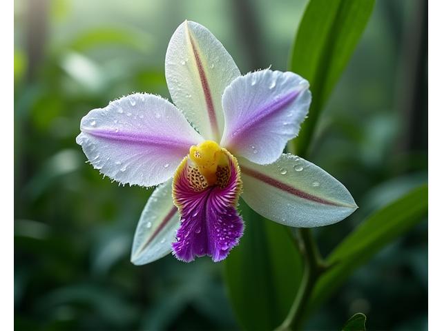 熱帯雨林の植物のクローズアップ。希少な美しい蘭の花が咲いている。