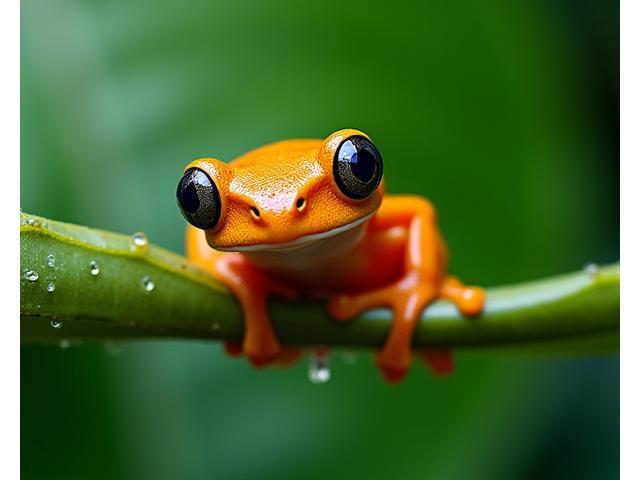 色鮮やかな熱帯雨林のツリーフロッグが大きな葉っぱの上にとまっているクローズアップ。