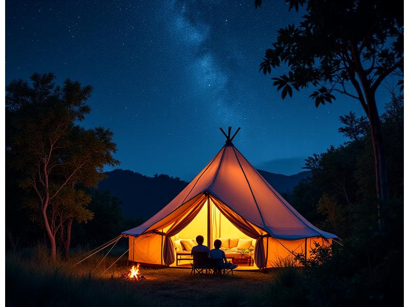 星空の下、快適なグランピングテントでくつろぐ人々
