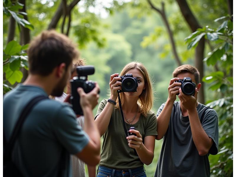 熱帯雨林の中で写真撮影の指導を受ける参加者