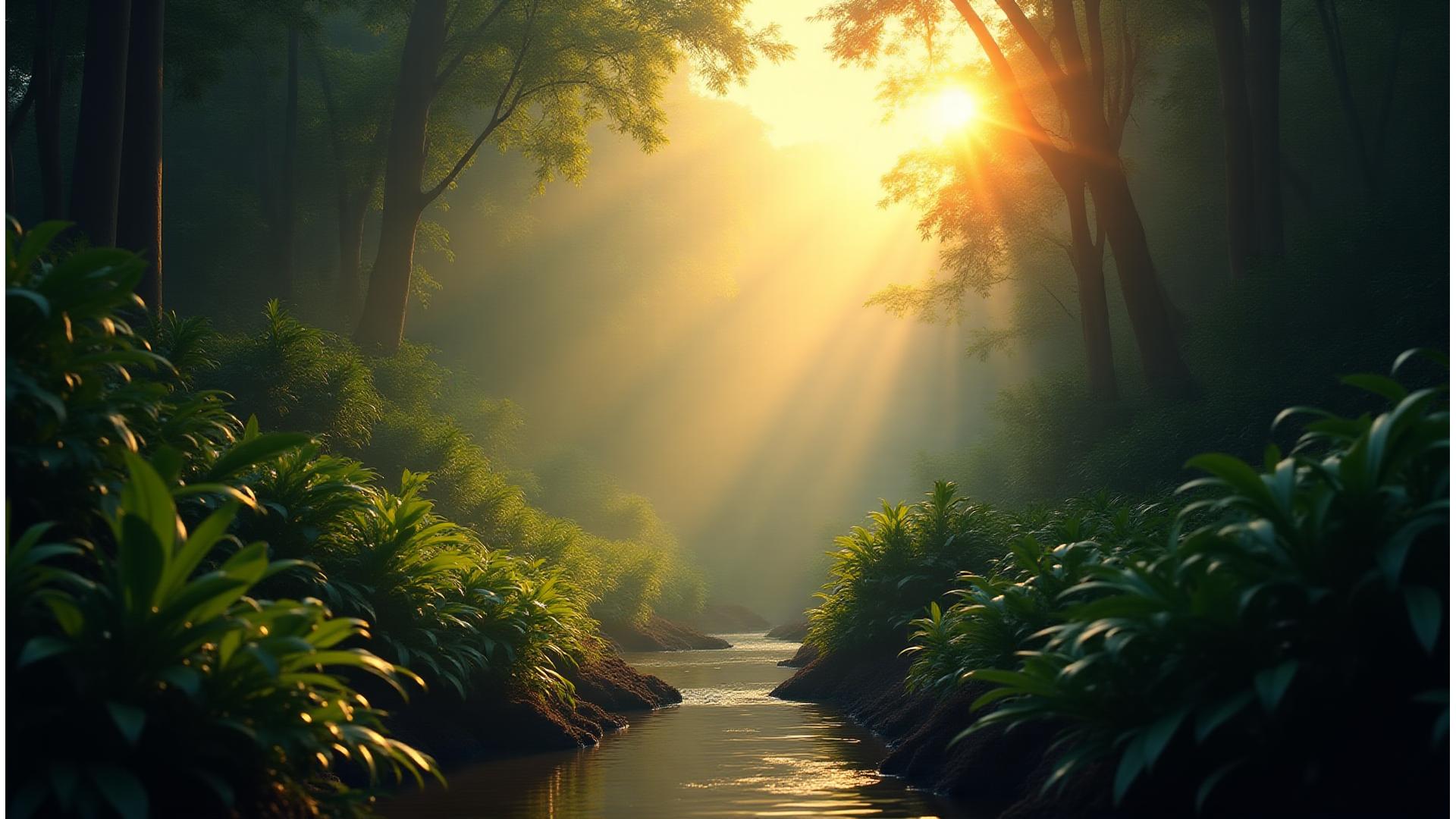 熱帯雨林の奥深く、朝日が差し込む神秘的な景色