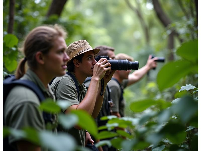 望遠レンズで野生動物を観察するグループ