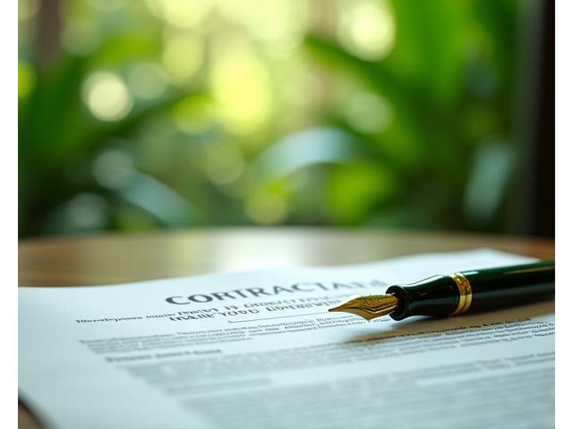 利用規約の重要性を示す、手元に契約書とペンがあり、その背景には熱帯雨林の風景がぼんやりと見えるイメージ